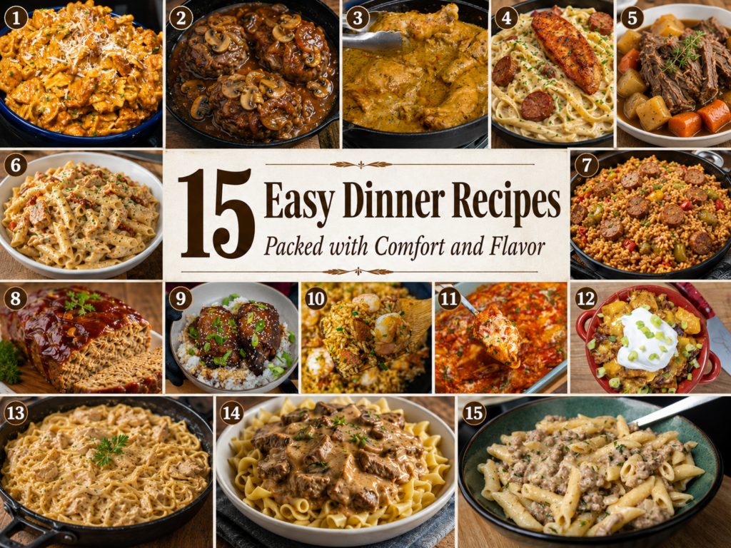 A collage of 15 comforting dishes—think pastas, casseroles, and stews—surrounds a central banner that reads, 15 Dinner Recipes Packed with Comfort and Flavor. Each dish highlights the warmth and simplicity you crave in easy weeknight meals.