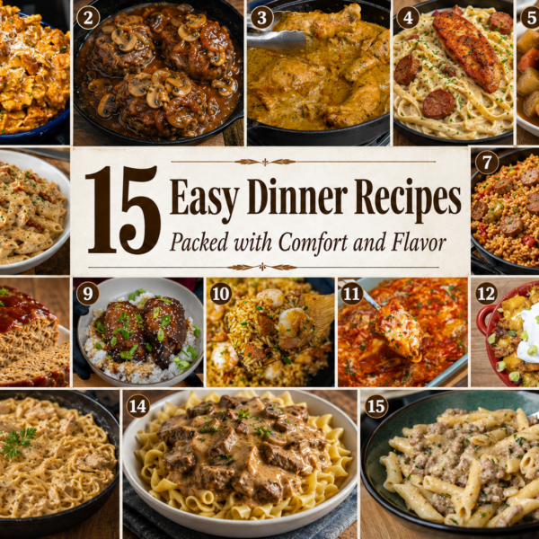 A collage of 15 comforting dishes—think pastas, casseroles, and stews—surrounds a central banner that reads, 15 Dinner Recipes Packed with Comfort and Flavor. Each dish highlights the warmth and simplicity you crave in easy weeknight meals.