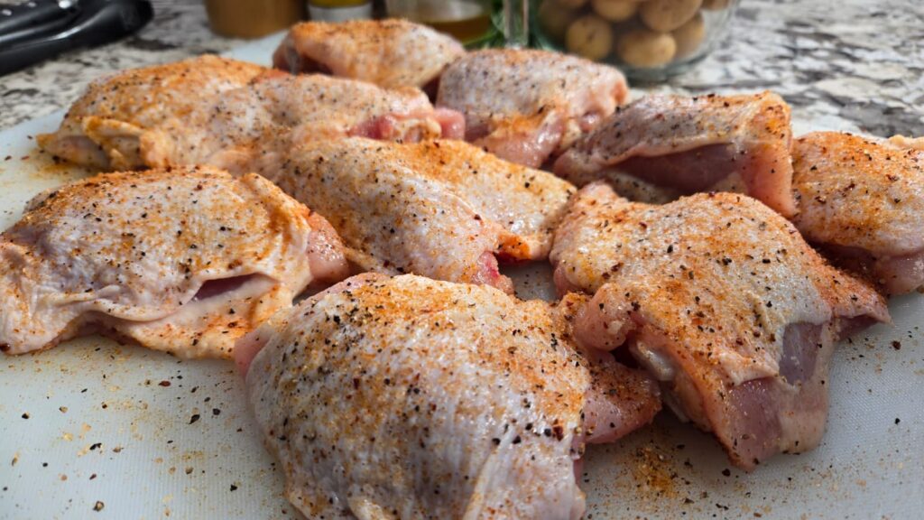 Seasoned honey mustard chicken thighs are arranged on a white cutting board, ready for cooking. Spices are sprinkled on top. The background shows a granite counter with blurred jars and ingredients.