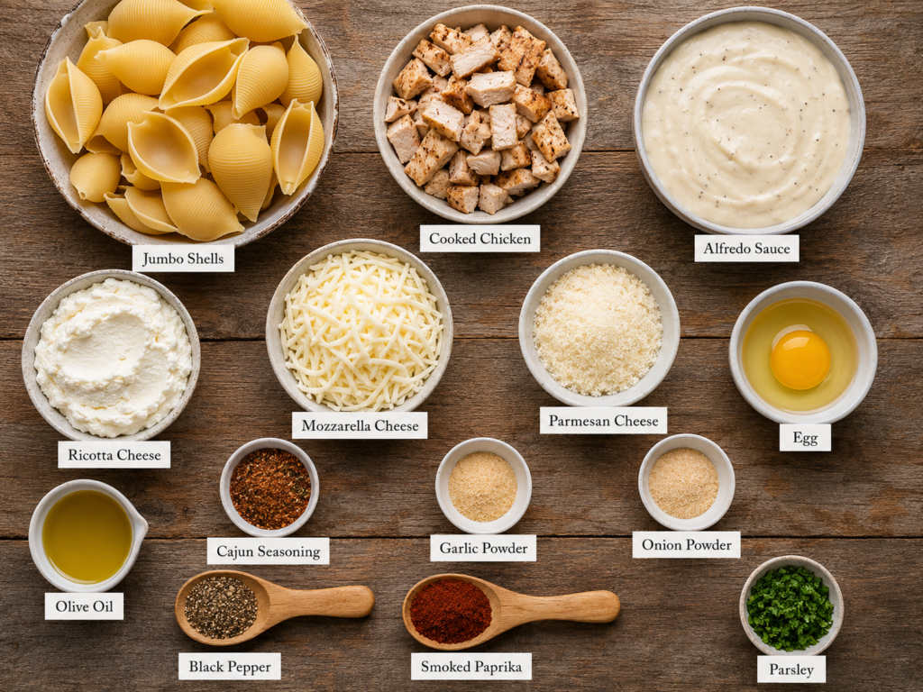 Top-down view of labeled ingredients for chicken alfredo stuffed shells, including jumbo shells, cooked chicken, Alfredo sauce, ricotta, mozzarella, Parmesan, olive oil, seasonings, an egg, and chopped parsley on a wooden surface.