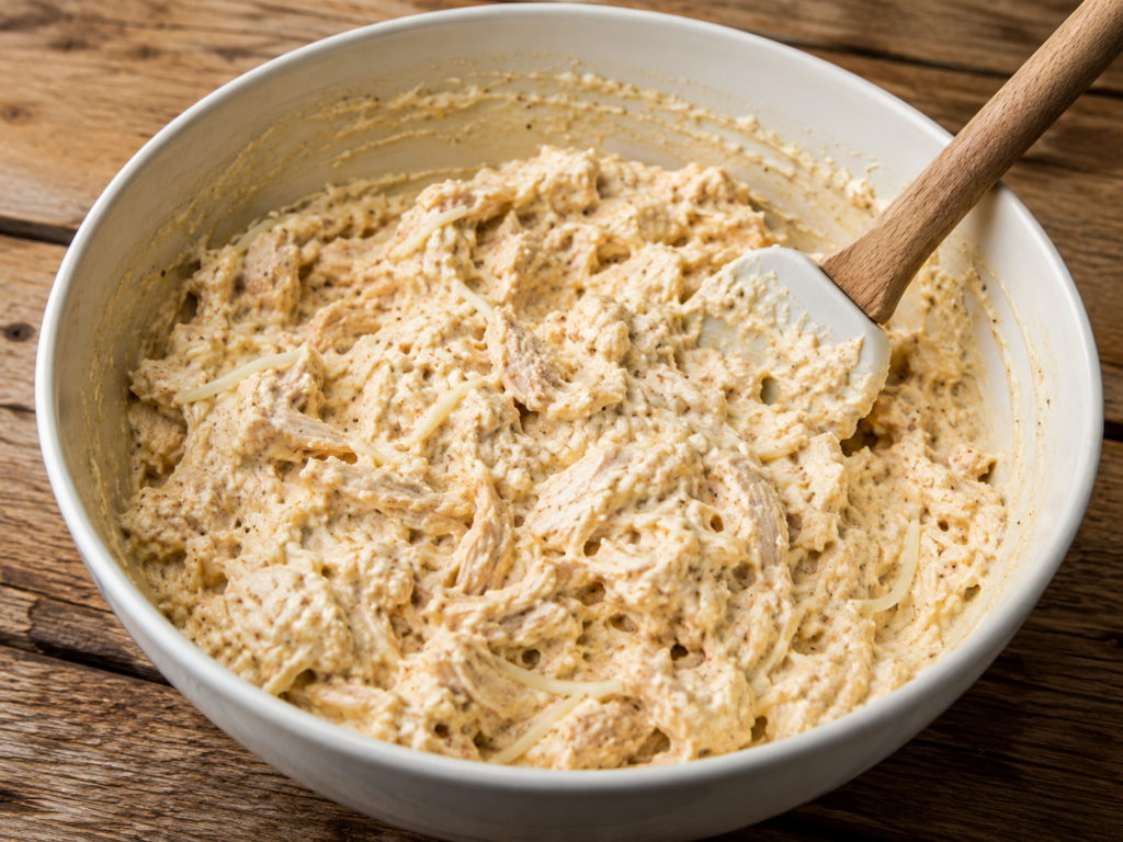 A white bowl filled with a creamy, shredded chicken mixture for chicken alfredo stuffed shells and a spatula resting inside, sitting on a wooden surface.