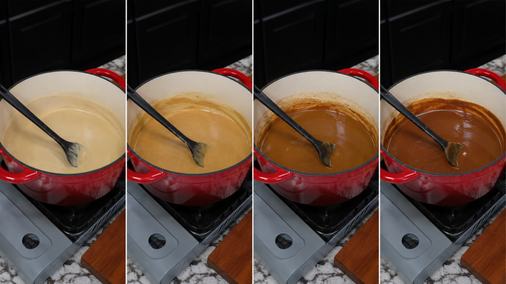 Four side-by-side images show a red pot on a stove, each with a black spatula stirring roux as it cooks from light beige to deep brown, demonstrating the progression of color as the roux darkens.