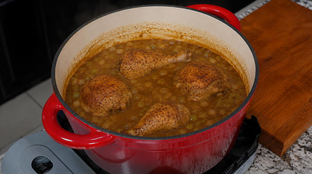 A red pot on a stove contains four seasoned chicken drumsticks simmering in a thick, brown stew with vegetables.