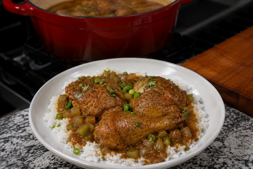 A white plate of rice topped with two seasoned chicken drumsticks, peas, and vegetables in sauce. In the background, there is a red pot with more chicken on a stovetop.