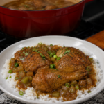 A white plate of rice topped with two seasoned chicken drumsticks, peas, and vegetables in sauce. In the background, there is a red pot with more chicken on a stovetop.