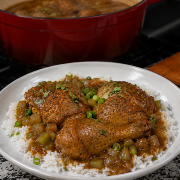 A white plate of rice topped with two seasoned chicken drumsticks, peas, and vegetables in sauce. In the background, there is a red pot with more chicken on a stovetop.