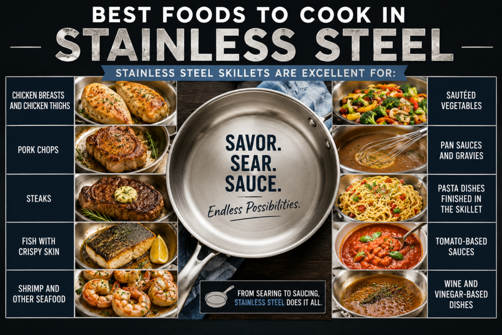 A stainless steel skillet is surrounded by images of foods like steak, chicken, pork, seafood, veggies, and pasta, highlighting the best foods to cook in stainless steel. Text emphasizes versatility and searing.