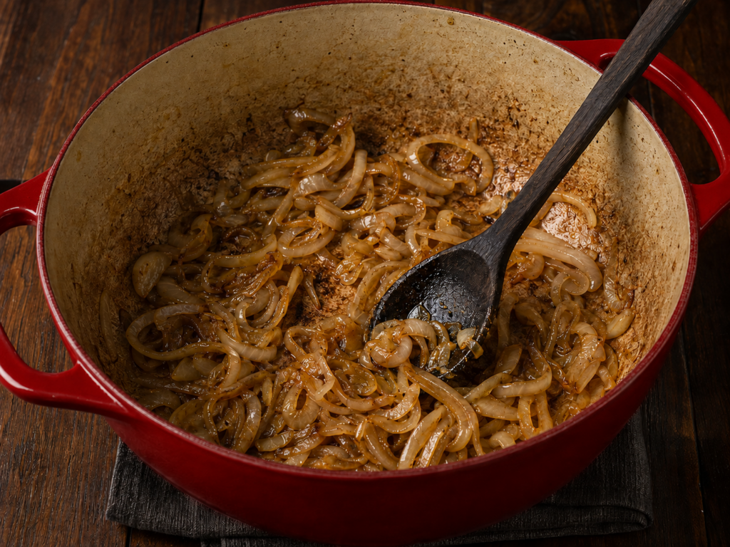 Sliced onions caramelizing in a red Dutch oven, being stirred with a wooden spoon. The pot is on a dark cloth atop a wooden surface, ready to form the flavorful base for pork ribs and gravy.