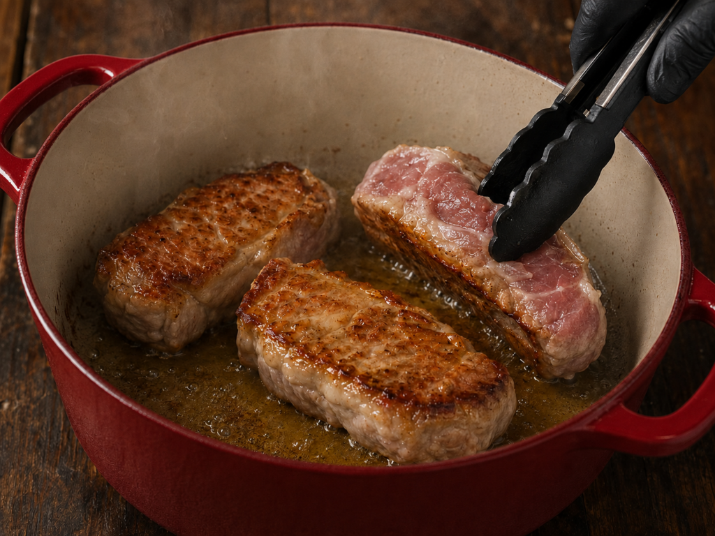 Three pieces of steak are being seared in a red pot; one piece is being turned with black tongs by a gloved hand. The steaks have a browned crust and are cooking in sizzling oil, much like how pork ribs and gravy are often prepared to achieve deep flavor and tenderness.