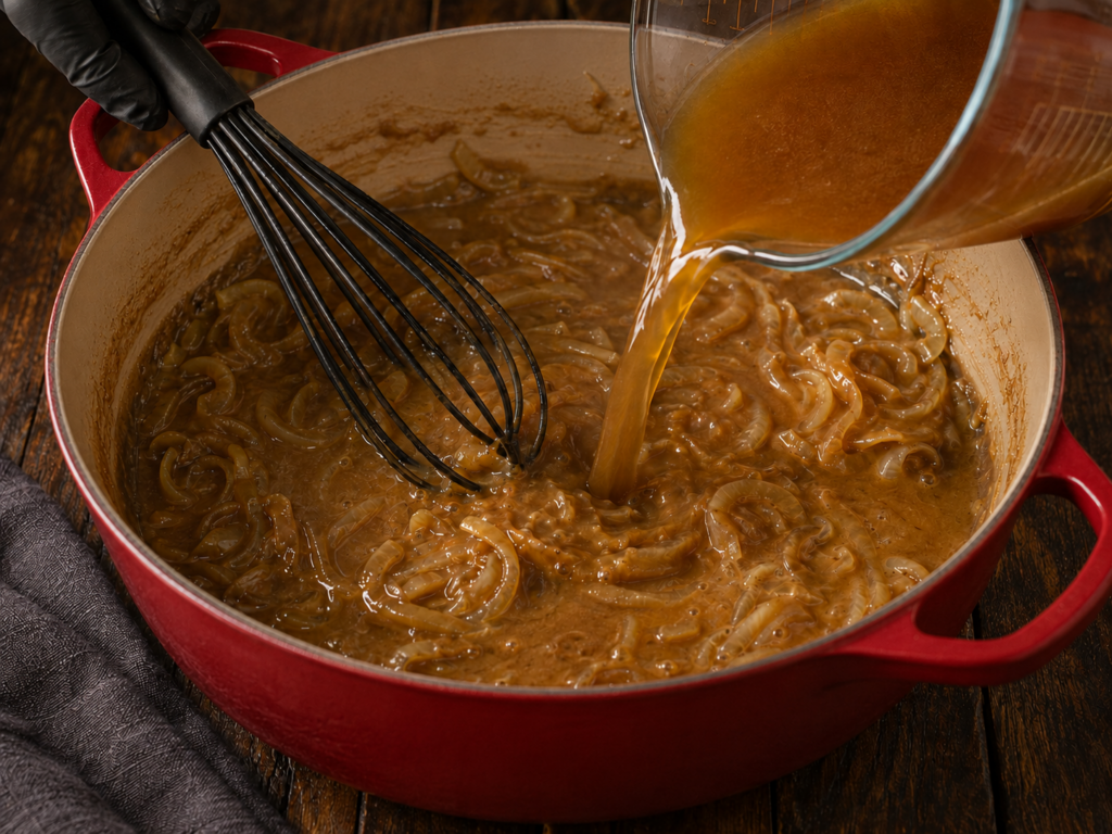 A red pot with sautéed onions and a whisk, while broth is being poured in from a glass measuring cup to begin the base for pork ribs and gravy, set on a wooden surface.
