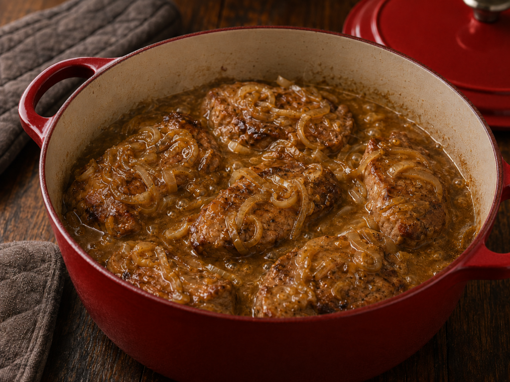 Six hamburger steaks simmer in onion gravy inside a red Dutch oven on a wooden table, reminiscent of the comfort found in classic pork ribs and gravy, with a quilted oven mitt and the pot lid nearby.