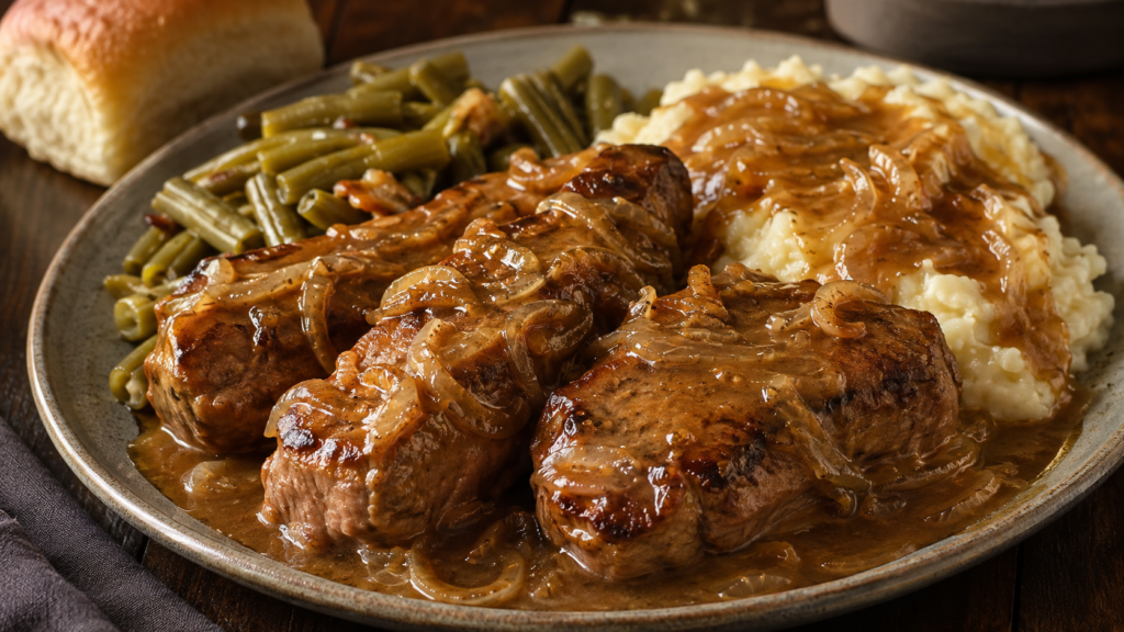 A plate of smothered pork chops with caramelized onions, mashed potatoes with gravy, green beans, and a dinner roll in the background.