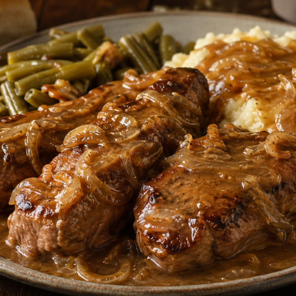 A plate of smothered pork chops with caramelized onions, mashed potatoes with gravy, green beans, and a dinner roll in the background.