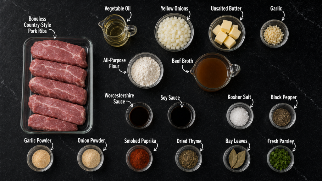 Raw pork ribs, various seasonings, chopped onions, garlic, butter, vegetable oil, beef broth, soy sauce, Worcestershire sauce, and herbs arranged in bowls and jars on a black surface—each labeled with ingredient names—create the perfect foundation for savory pork ribs and gravy.