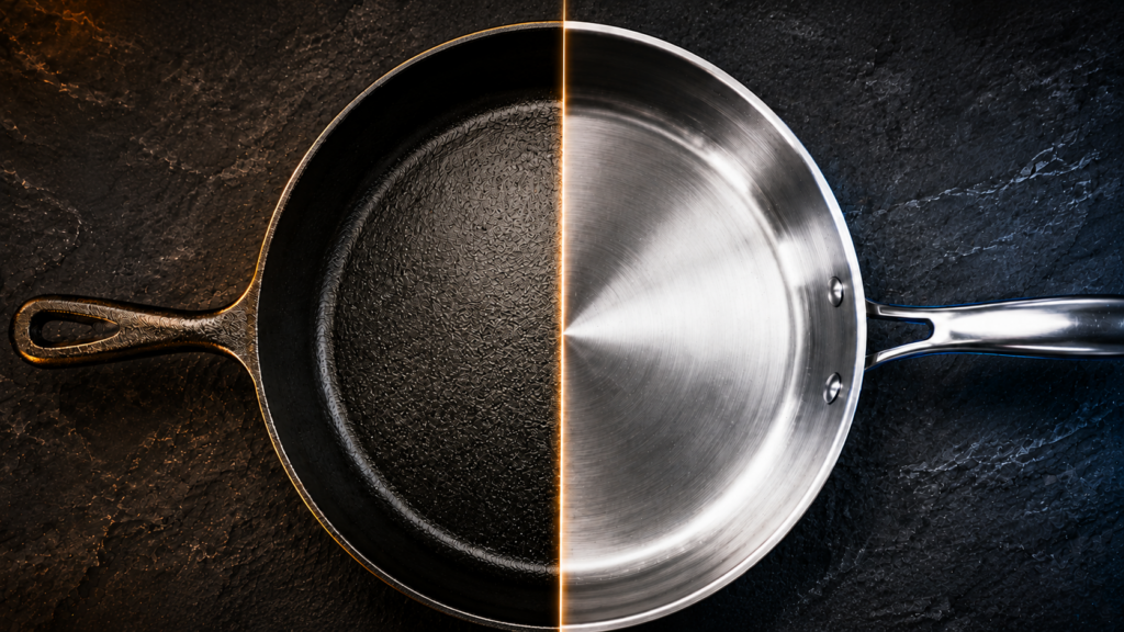 A split image showing a cast iron skillet on the left and a stainless steel pan on the right, highlighting their differences in the ongoing debate of stainless steel vs cast iron skillets, placed on a dark textured surface.