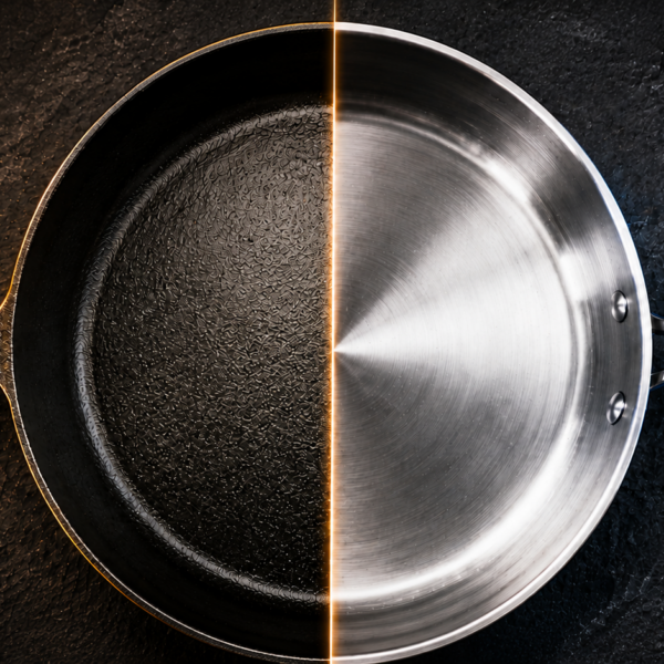 A split image showing a cast iron skillet on the left and a stainless steel pan on the right, highlighting their differences in the ongoing debate of stainless steel vs cast iron skillets, placed on a dark textured surface.