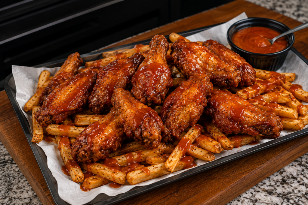 A tray of Chicago mild sauce wings and fries served on top of seasoned French fries, with a small black cup of dipping sauce and a spoon, on a granite countertop.