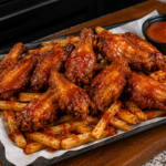 A tray of Chicago mild sauce wings and fries served on top of seasoned French fries, with a small black cup of dipping sauce and a spoon, on a granite countertop.