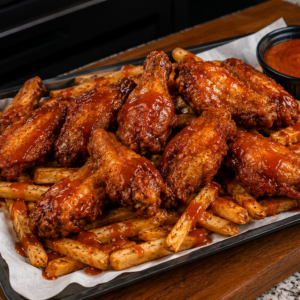 A tray of Chicago mild sauce wings and fries served on top of seasoned French fries, with a small black cup of dipping sauce and a spoon, on a granite countertop.
