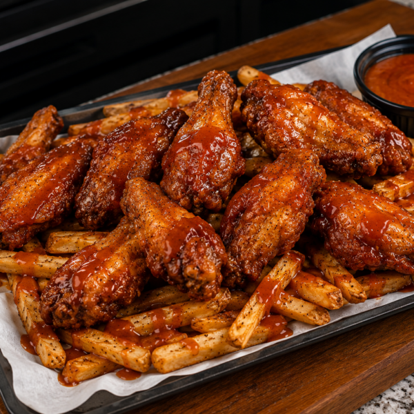 A tray of Chicago mild sauce wings and fries served on top of seasoned French fries, with a small black cup of dipping sauce and a spoon, on a granite countertop.