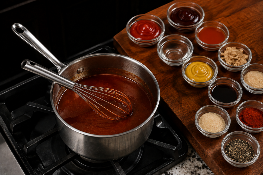 A saucepan of reddish sauce being whisked on a stove, with small glass bowls of various sauces and spices arranged on a wooden cutting board nearby—perfect for recreating classic Chicago mild sauce wings and fries at home.