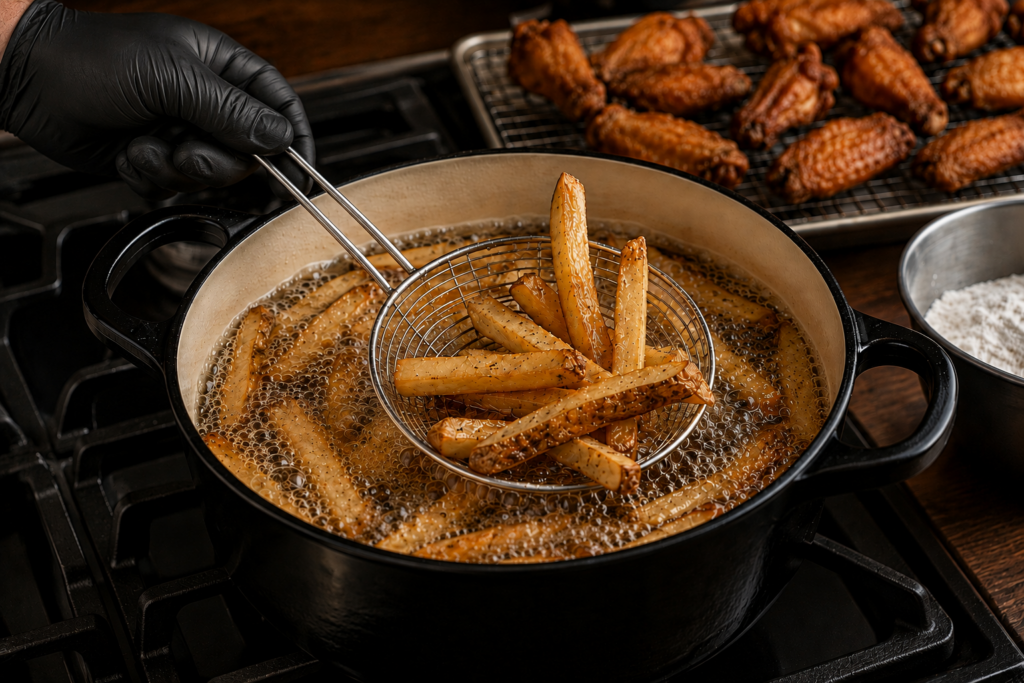 A person uses a wire skimmer to lift golden French fries from hot oil in a black pot, with Chicago mild sauce wings resting on a rack and a bowl of flour nearby.