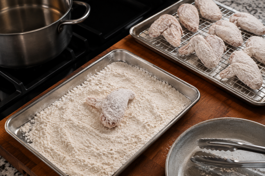 A raw chicken wing being coated in flour on a baking tray, with other floured wings on a rack nearby, evoking the preparation of classic Chicago mild sauce wings and fries, next to a pot and a plate with tongs on a kitchen counter.