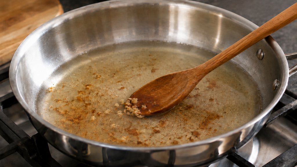 A wooden spoon stirs minced garlic browning in oil inside a stainless steel pan on a stovetop, with a wooden cutting board visible in the background.