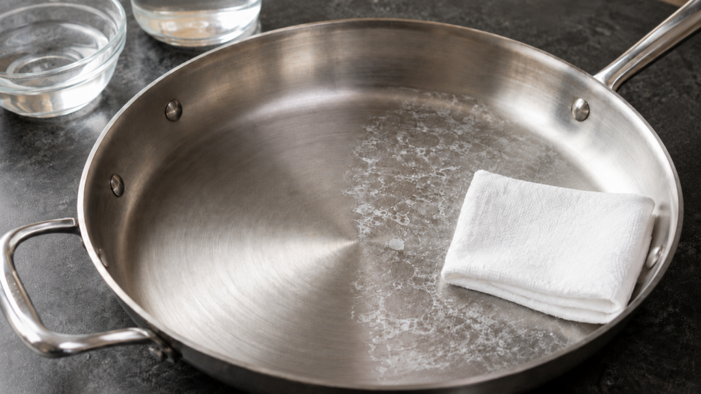 A stainless steel pan with water stains sits on a dark countertop. Two glass bowls of water and a folded white cloth are nearby, suggesting cleaning or maintenance.