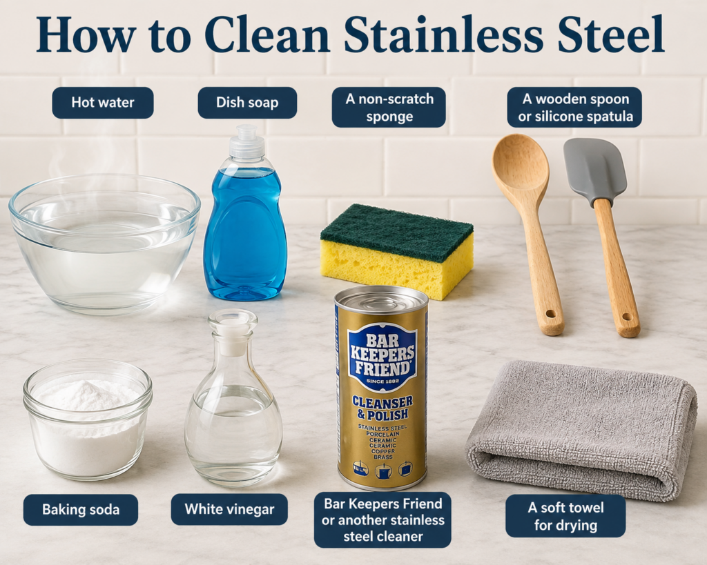 A guide to cleaning stainless steel, showing hot water, dish soap, non-scratch sponge, wooden spoon, baking soda, white vinegar, Bar Keepers Friend, soft towel, and silicone spatula on a kitchen counter.
