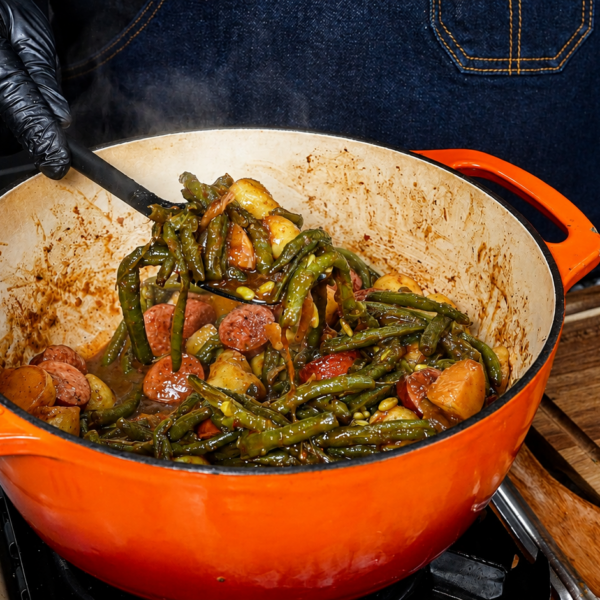 A person wearing black gloves stirs smothered green beans with potatoes and sausage in a large orange Dutch oven on a stove, with steam rising from the food.