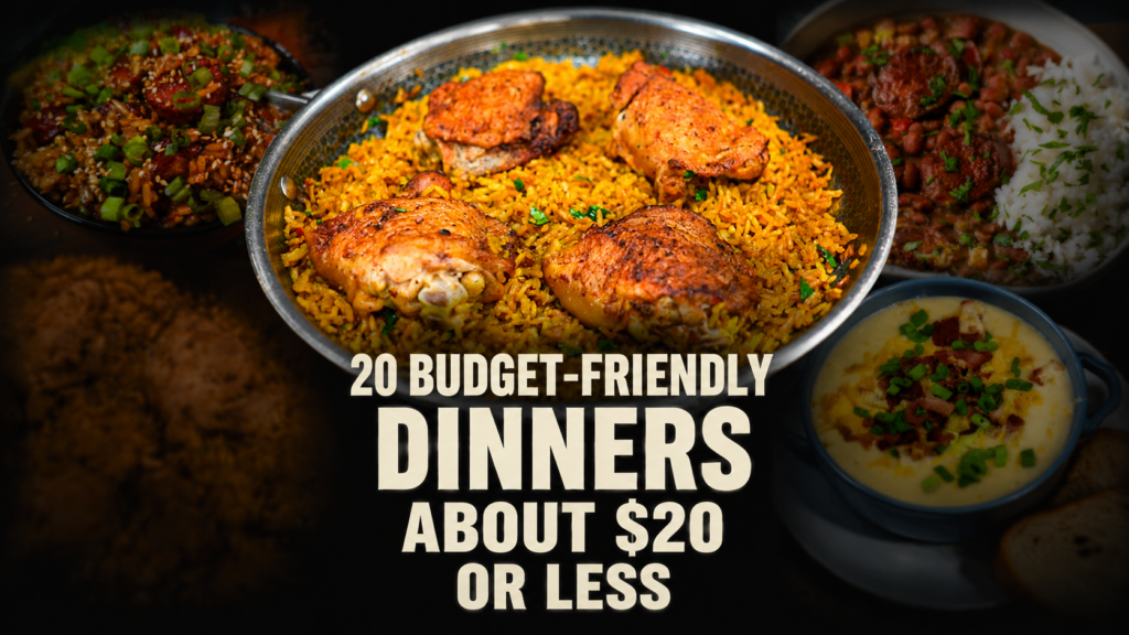A bowl of seasoned rice with roasted chicken pieces, surrounded by various side dishes—all perfect examples of budget-friendly dinners under $20. Text on image reads: 20 Budget-Friendly Dinners About $20 or Less.