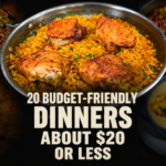 A bowl of seasoned rice with roasted chicken pieces, surrounded by various side dishes—all perfect examples of budget-friendly dinners under $20. Text on image reads: 20 Budget-Friendly Dinners About $20 or Less.