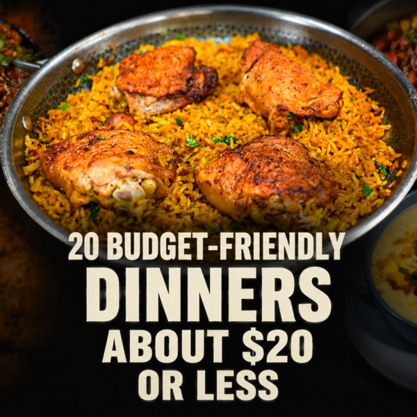 A bowl of seasoned rice with roasted chicken pieces, surrounded by various side dishes—all perfect examples of budget-friendly dinners under $20. Text on image reads: 20 Budget-Friendly Dinners About $20 or Less.