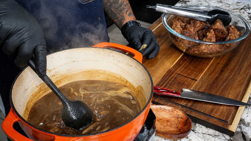 A person in black gloves stirs brown gravy in an orange pot on a stove, reminiscent of preparing classic smothered neck bones. Cooked meatballs sit in a glass bowl on a cutting board beside a knife, tongs, and a wooden spoon.