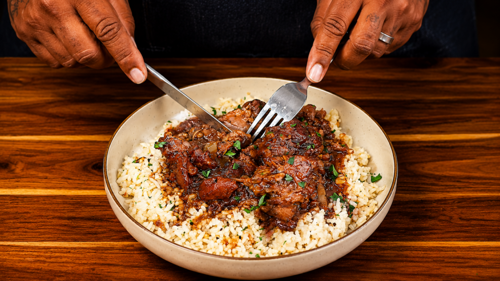 A person uses a fork and knife to cut into braised smothered neck bones served over rice on a plate, garnished with herbs, on a wooden table.