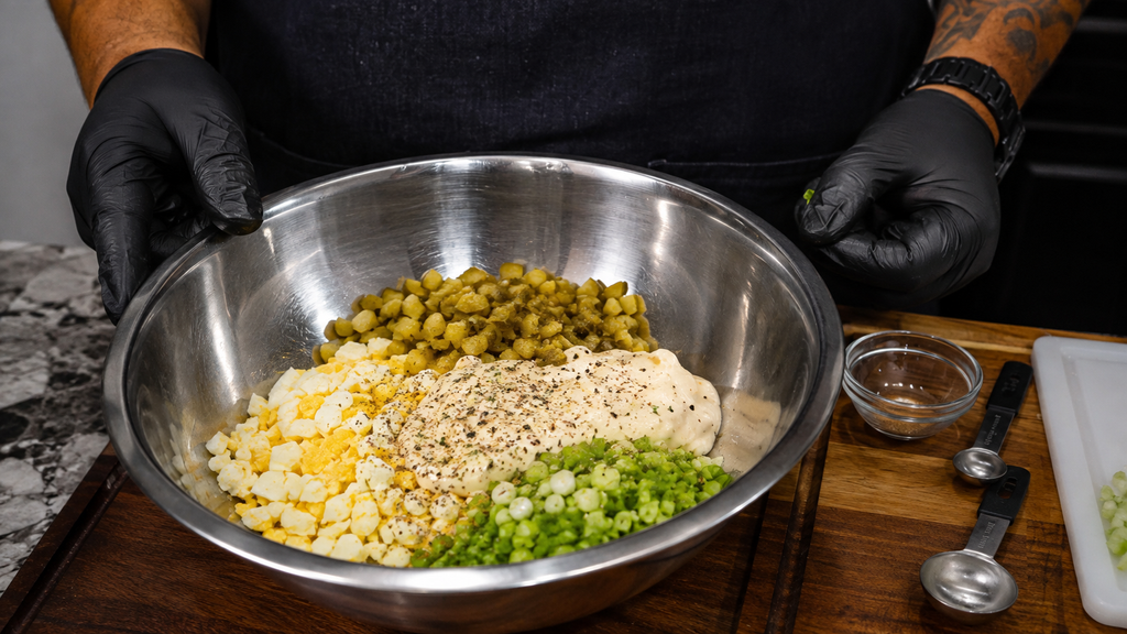 A person in black gloves stands over a metal bowl containing chopped eggs, green onions, pickles, mayonnaise, and pepper—classic ingredients often found in potato salad—preparing a mixture on a wooden counter.
