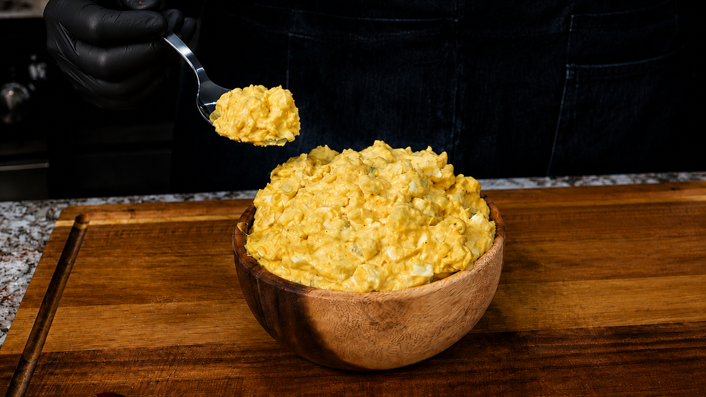 A person wearing black gloves holds a spoonful of creamy potato salad above a wooden bowl brimming with the classic yellow potato salad, all set atop a rustic wooden cutting board.
