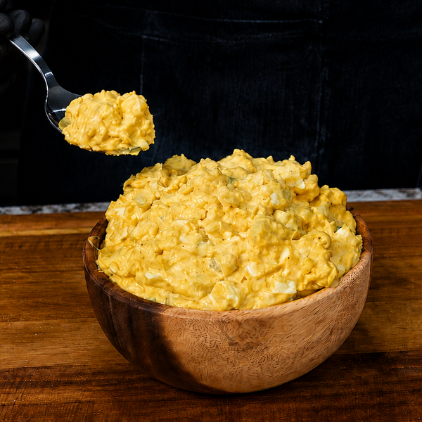 A person wearing black gloves holds a spoonful of creamy potato salad above a wooden bowl brimming with the classic yellow potato salad, all set atop a rustic wooden cutting board.