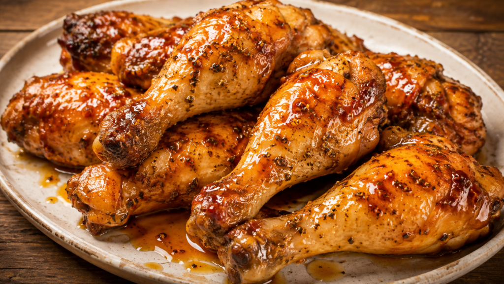 A plate of glazed, roasted chicken drumsticks with a shiny, caramelized coating—these 5-Ingredient Hot Honey Ranch Chicken Legs are arranged closely together on a rustic white plate.