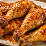 A plate of glazed, roasted chicken drumsticks with a shiny, caramelized coating—these 5-Ingredient Hot Honey Ranch Chicken Legs are arranged closely together on a rustic white plate.
