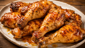 A plate of glazed, roasted chicken drumsticks with a shiny, caramelized coating—these 5-Ingredient Hot Honey Ranch Chicken Legs are arranged closely together on a rustic white plate.