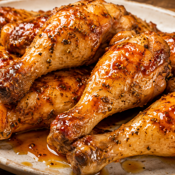 A plate of glazed, roasted chicken drumsticks with a shiny, caramelized coating—these 5-Ingredient Hot Honey Ranch Chicken Legs are arranged closely together on a rustic white plate.