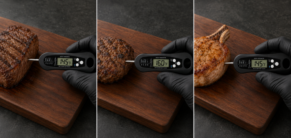 A hand in a black glove demonstrates how to use a meat thermometer by checking the temperature of steak, burger, and pork chop on a wooden board; readings are 145°F, 160°F, and 145°F.