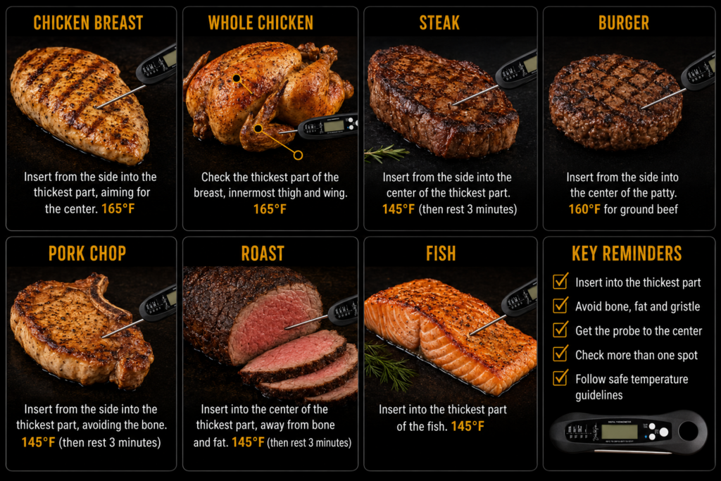 Guide showing cooked meats (chicken breast, whole chicken, steak, burger, pork chop, roast, fish) with recommended safe internal temperatures and tips for how to use a meat thermometer on each type. Key reminders included.
