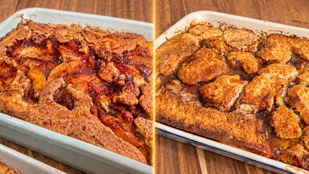 Two rectangular baking dishes on a wooden table, each containing a golden brown, bubbly peach cobbler with visible baked peaches and a rustic, biscuit-like topping.