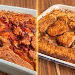Two rectangular baking dishes on a wooden table, each containing a golden brown, bubbly peach cobbler with visible baked peaches and a rustic, biscuit-like topping.