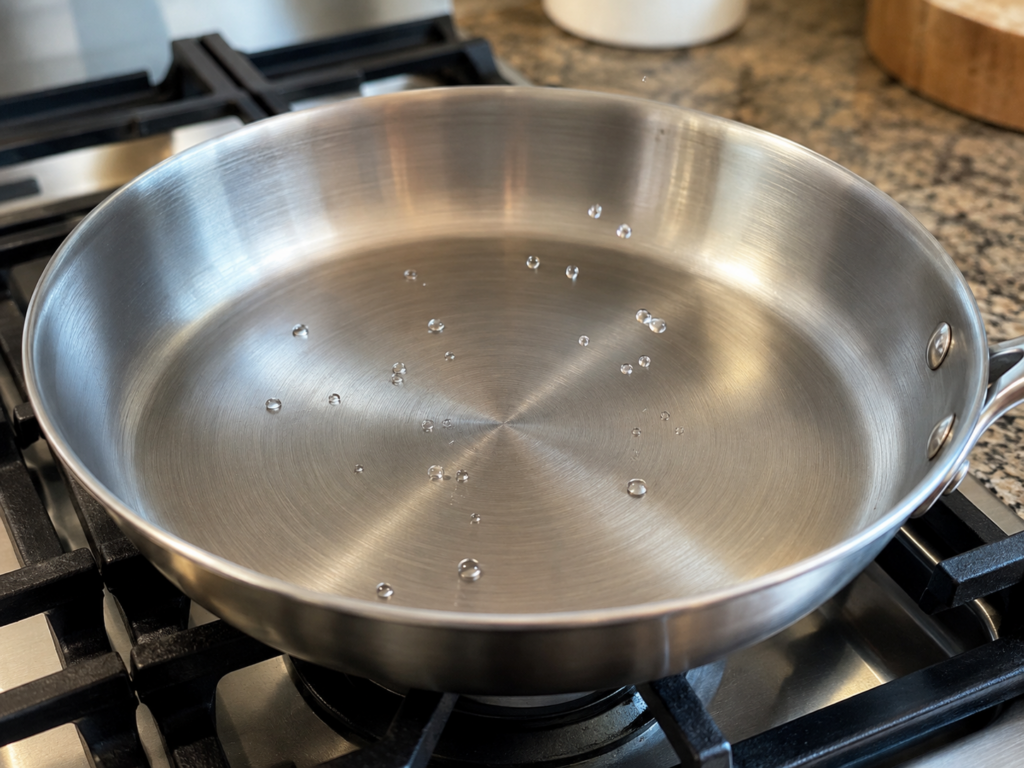 A stainless steel frying pan with water droplets sits on a gas stove, with the burner below turned on, indicating the pan is being heated. The background shows a granite counter and kitchen items.