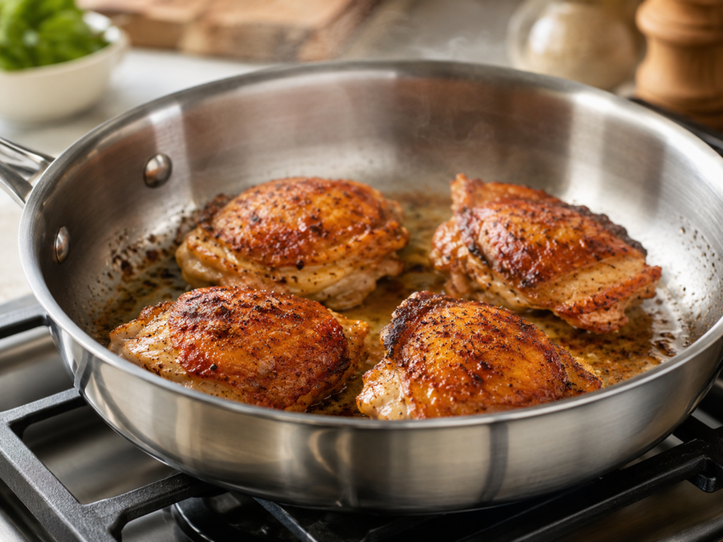 Four seasoned chicken thighs are sizzling in a stainless steel pan on a stovetop, with crispy golden-brown skin and visible spices. The background is softly blurred with kitchen items.