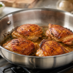 Four seasoned chicken thighs are sizzling in a stainless steel pan on a stovetop, with crispy golden-brown skin and visible spices. The background is softly blurred with kitchen items.
